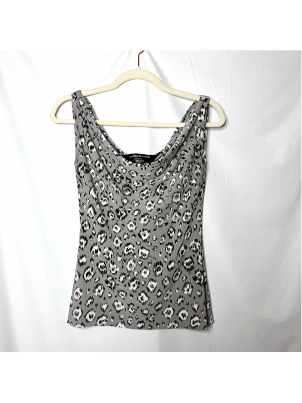 Norma Kamali Cowl Neck Top Size S Grey Black Leopard Print